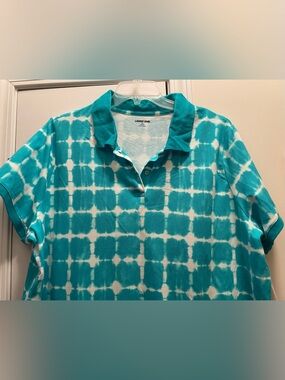 Lands End Plus 3X Cotton Turquoise Pique Tie Dye Polo Shirt, NWT